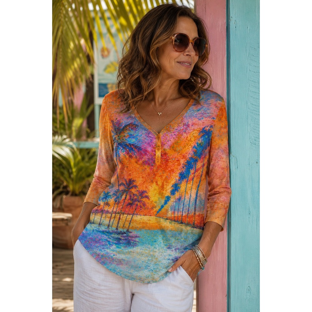 Leoma Lovegrove Top Womens XL Tropical Palm Tree Henley 3/4 Sleeve Art Shirt